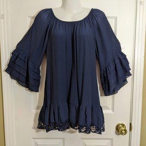 Sassy Bling Navy Ruffled Bell Sleeves & Lace Hem Tunic Top - size S
